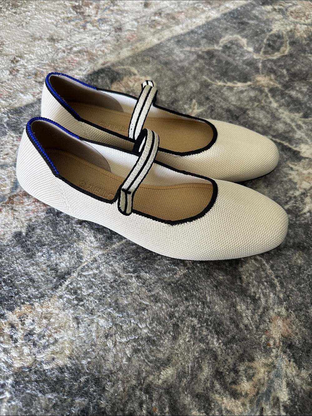 Rothy's Cream Square Toe Mary Jane Flats with Black Trim